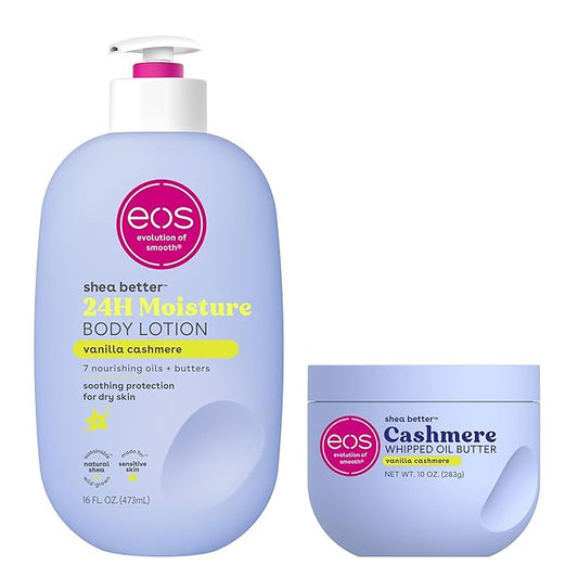 Bundle of eos Shea Better Body Lotion + Whipped Body Butter, Vanilla Cashmere, Weightless Moisture For Dry Skin, Rich Formula and Deep Hydration, Vanilla Body Lotion