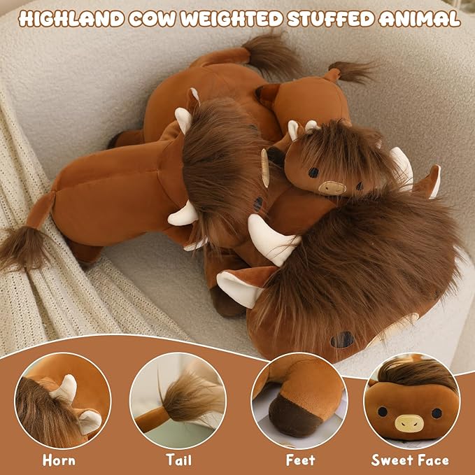 Weighted Stuffed Animals, Highland Cow Stuffed Animal with Weighted Beads, Cute Plush Toy Pillow Gifts for Adults Kids Boys Girls