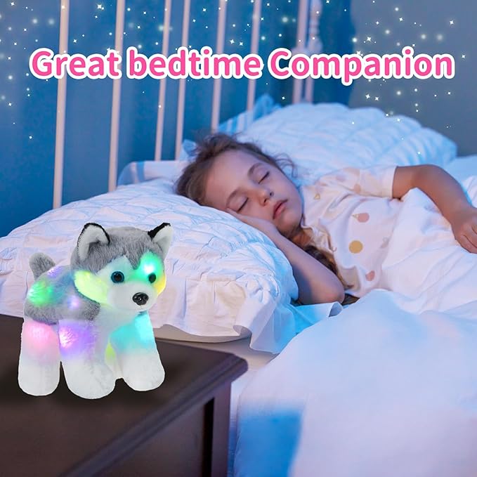 BSTAOFY 12’’ Light up Husky Puppy Stuffed Animal Realistic LED Dog Soft Plush Toy with Night Lights Glow in The Dark Birthday Valentines Christmas for Toddler Kids