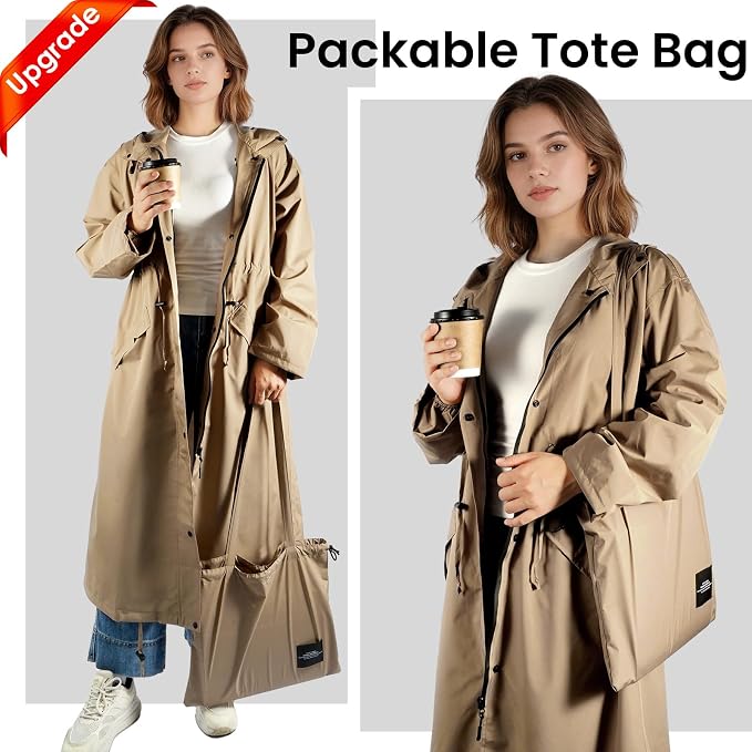 LAMA Womens Long Raincoats Rain Jacket Waterproof Packable Hooded Windbreaker Lightweight Adjustable Waist for Outdoor
