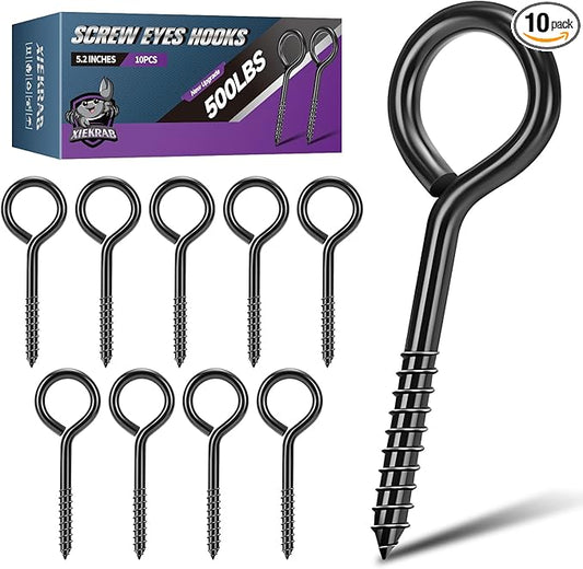 5.2 inch Eye Bolts - 10 Pcs Eyes Hooks Screw Heavy Duty 500 lbs Breaking Strength Black Rust-Resistant, Self Tapping Eyelet Screw for Wood Securing, Hammock Stand, Indoor & Outdoor Use