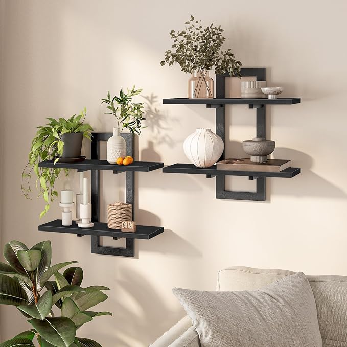HOOBRO Floating Shelves, 15 Inch Wall Shelf Set of 2, Wall Mounted Storage Shelves 2-Tier, Hanging Bathroom Shelves, for Living Room, Bedroom, Bathroom, Kitchen, Black BK32BJ01