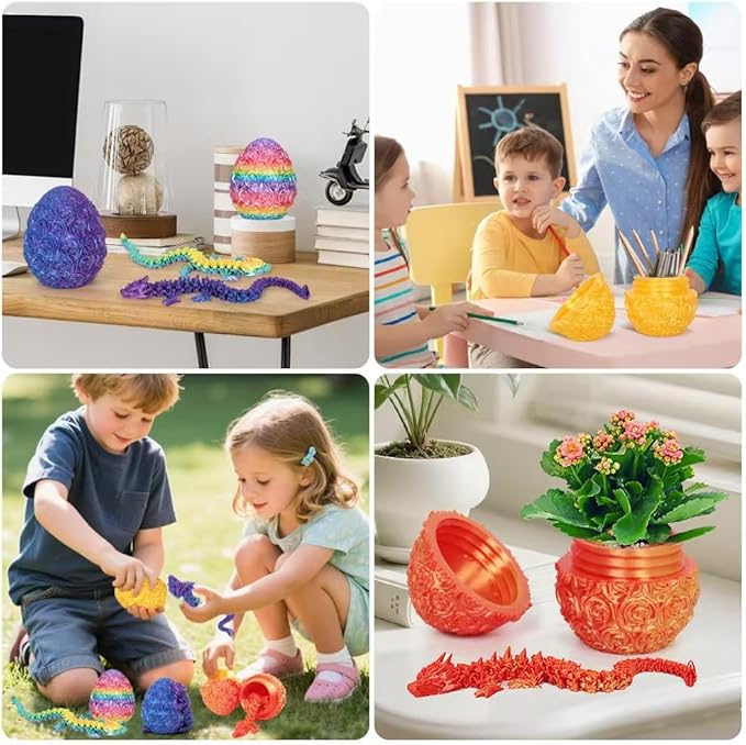 4-PCS 3D Printed Dragon Egg with Dragon Inside, Rose Pattern Desktop Decor, Articulated Dinosaur Fidget Toy – Halloween for Kids