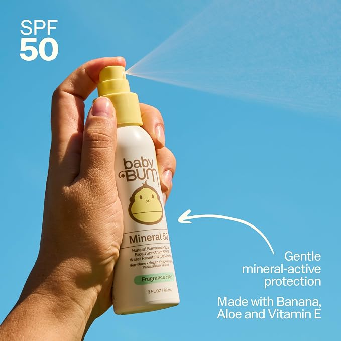Baby Bum SPF 50 Sunscreen Spray - Mineral UVA/UVB Face and Body Protection for Sensitive Skin - Fragrance Free - Travel Size - 3 oz
