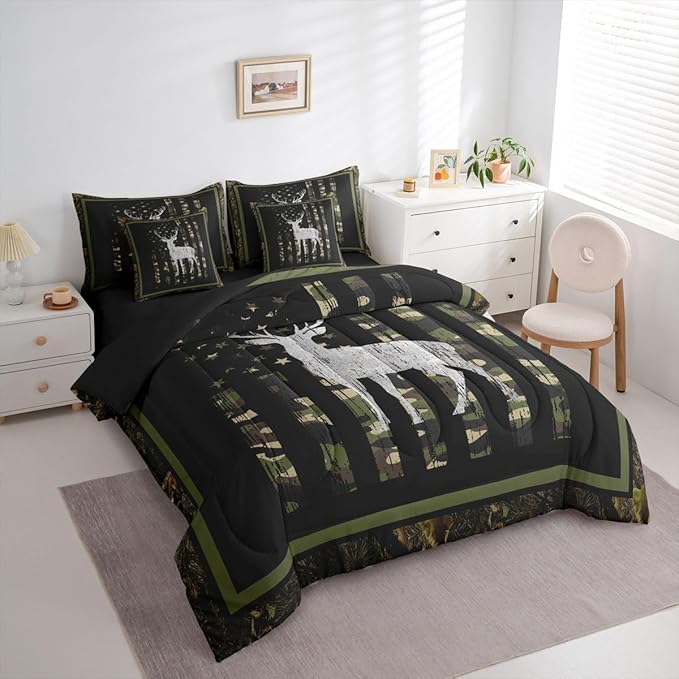 Feelyou Green Hunting Camo King Comforter Set with Sheets for Kids Boys Girls American Flag Deer 7 Pieces Bedding Set Wild Animal Hunter Bed in a Bag Room Decor Soft Lightweight Microfiber