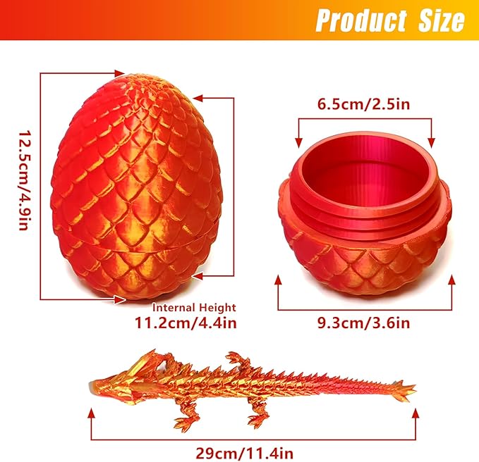 Pigmiss 3D Printed Dragon Egg Crystal Dragon Fidget Toy Full Articulated Dragon Mystery Dragon Eggs with Dragon Inside Home Office Desk Decor Gifts Toys (Red)