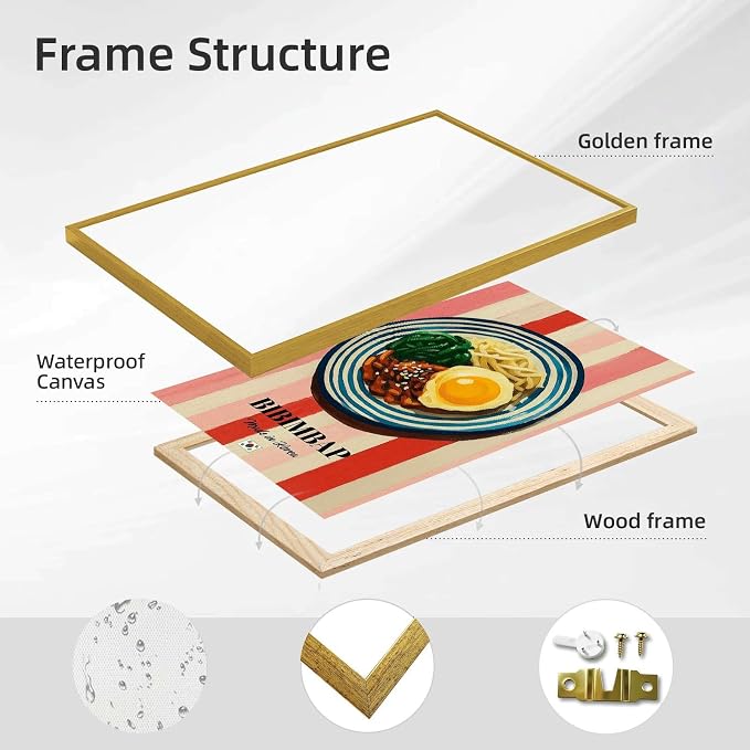 Bibimbap Poster Canvas Print Art Print Modern Korean Food Painting Trendy Kitchen Wall Art Home Decor Wall Decoration for Living Room Bar Apartment Pictures (Wood Framed,12L x 16W)
