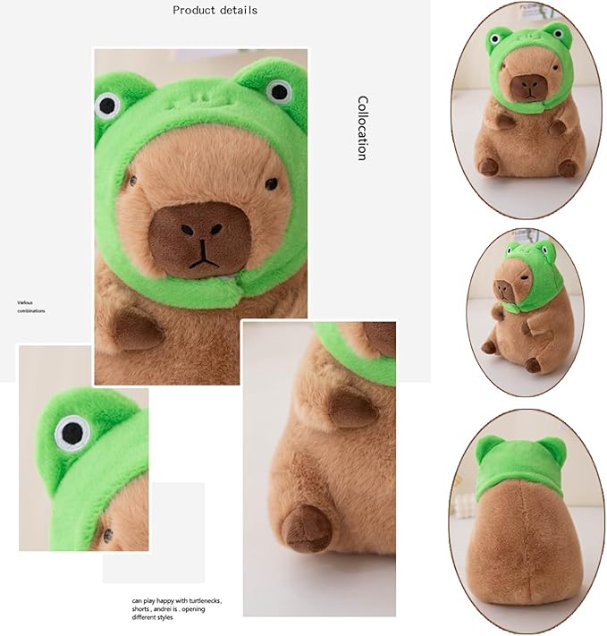 Cute Capybar Stuffed Animals with Wearable Toast headsetwear Capybar, Gifts for Kids (Frog hat)