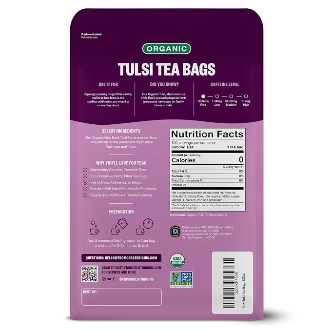 FGO Organic Tulsi Holy Basil Tea, 100 Count, Eco-Conscious Herbal Tea Bags, Resealable Bag, Caffeine Free, Packaging May Vary (Pack of 1)