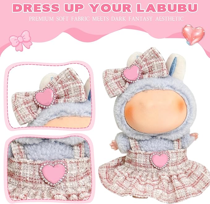 2 Sets Cute Doll Clothes for labubu，17cm Dolls Outfit Accessories,for la-bubu Dolls/for la-bubu Clothes,Pink Dress+Black Set It's a Gift for labubu Enthusiasts and Collectors (No Doll)