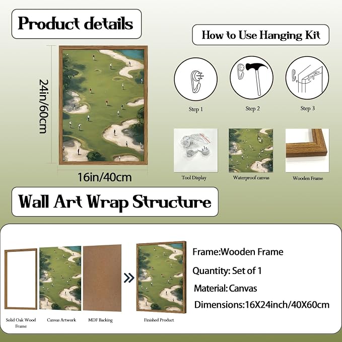 Vintage Golf Wall Art, Golf Course Wall Decor Painting Mid Century Sports Poster Canvas Prints Picture Living Room Office Man Cave 16x24 inch Wood Framed