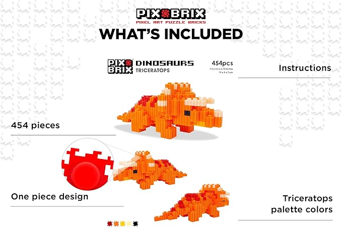 Pix Brix Pixel Art Puzzle Bricks - Dinosaur Series, Triceratops - Patented Building Brick Set to Recreate Your Favorite Dino, Includes 454 Pieces - Create 3D Builds Without Water, Iron or Glue