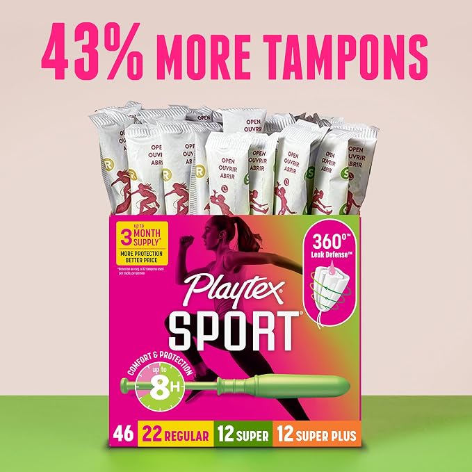 Playtex Sport Tampons Multipack, Regular/Super/Super Plus Absorbency, 46ct