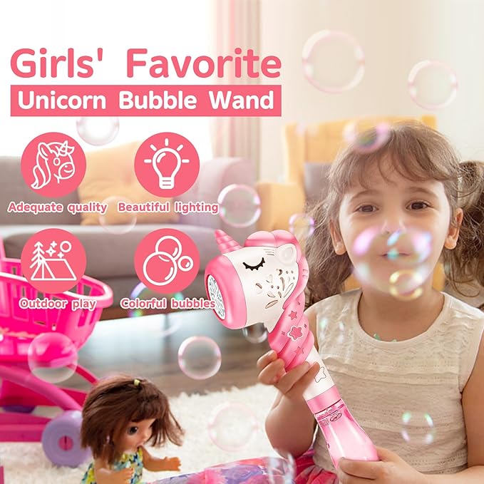 Bubble Machine Wand Gifts for Kids Toddlers Age 1 2 3 4 5 6 7 8 Years Old Birthday Party Unique Cute Baby Outdoor Outside Unicorn Summer Toy Easter Day Game for Little Girl Boy Include Solution Pink