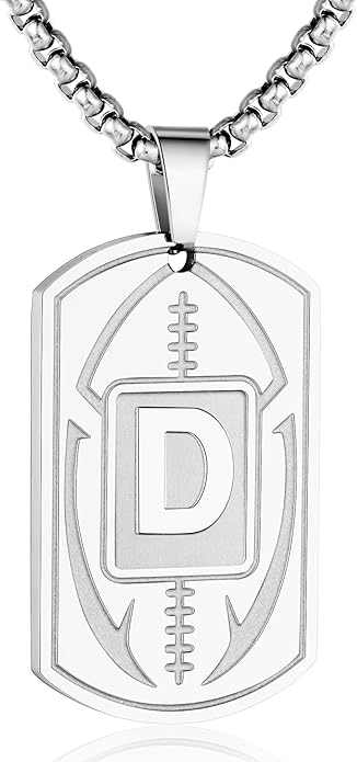 Initial A-Z Dog Tag Necklace for Men - Football Charm Pendant, Stainless Steel Chain 22+2 Inches, Personalized Sports Athletes Jewelry Gift
