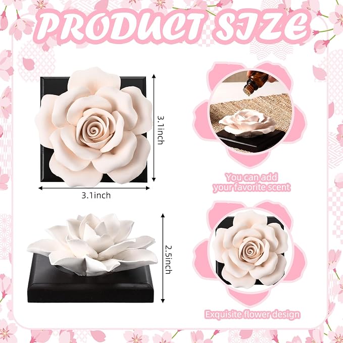 3 Pcs Passive Essential Oil Diffuser Stone Set, Magnolia Lotus Rose Flower Passive Diffusers with Wood Base for Car, Desk, Bedroom, Home Decor Gift, No Essential Oil(Black)