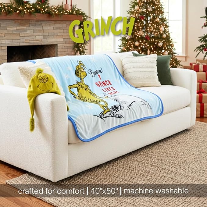 Dr. Seuss The Grinch Holiday Christmas Bedding Super Plush Cozy Throw, 40 in x 50 in, Bonus Grinch Hat Included (Officially Licensed Product) by Franco