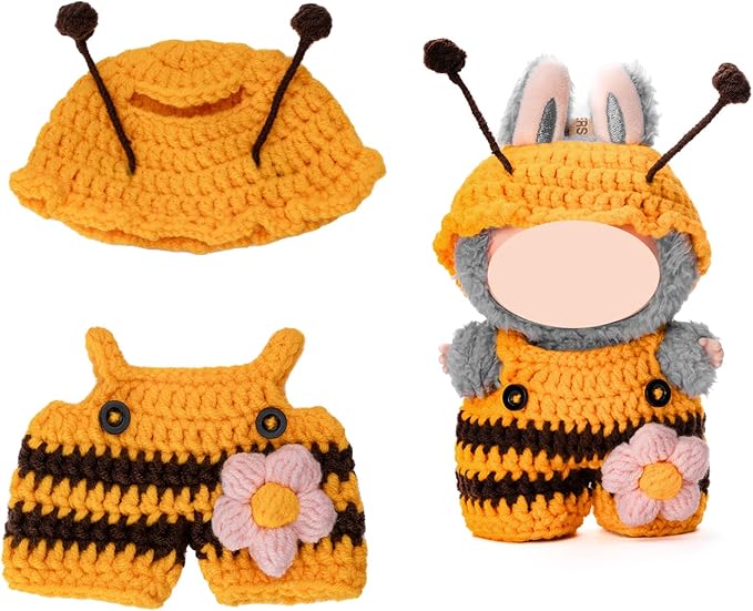 Hand-Crocheted Clothes for Labubu Clothes/for Labubu Outfits, 2-Piece Clothes Set for 17cm Lububu Doll, Doll Clothes Designer Accessories for La Bubu, Sweaters & Hat.(Bee Theme)