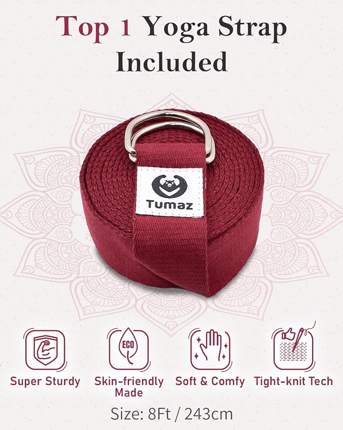 Tumaz Yoga Bolster Set - Rectangular Bolster Pillow for Restorative Yoga, Soft Meditation Pillow with Carry Handle and 8-Feet Strap, Machine Washable Cover