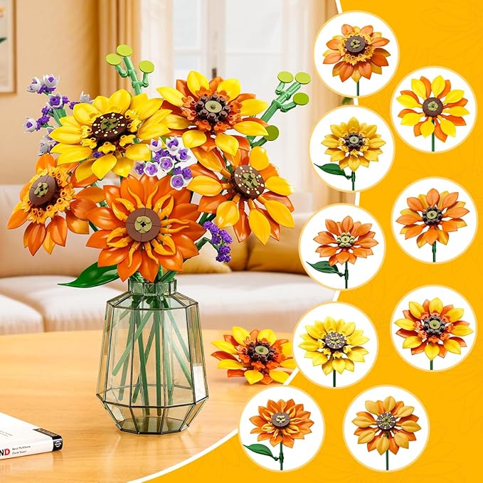 Flowers Sunflower Bouquet Building Set with Lights - 17 Flowers Botanical Collection Artificial Plant Sunflower Building Blocks Art Home Decor Surprise Gifts for Adults Women Girls (1011PCS)