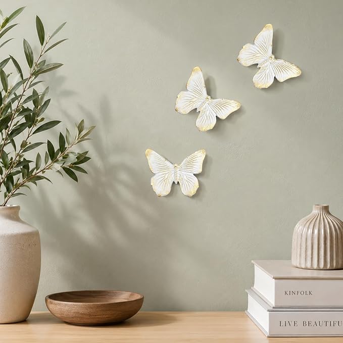 GUSFREUD 3D Butterfly Wall Decor Set – Resin Wall Decor for Living Room, Bedroom, Bathroom, Dining Room, Outdoor and Gallery Walls - Ivory Gold - Set of 3