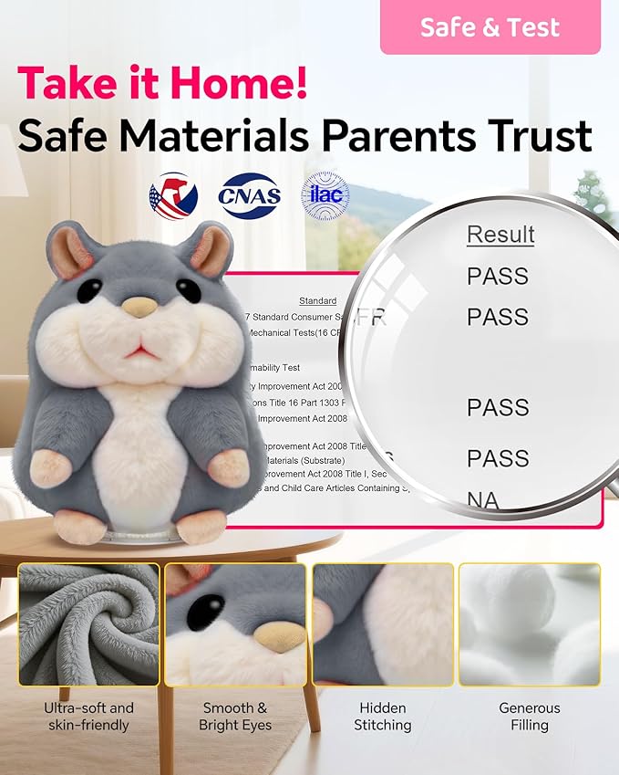 Toddler Toys Talking Hamster Repeats What You Say,Toys for 2 3 4 5 6 7 8 13 Year Old Girl Boy Birthday Gifts Ideas,Christmas Stocking Stuffers for Kids Adults Stuffed Animals Plush Toy Gray