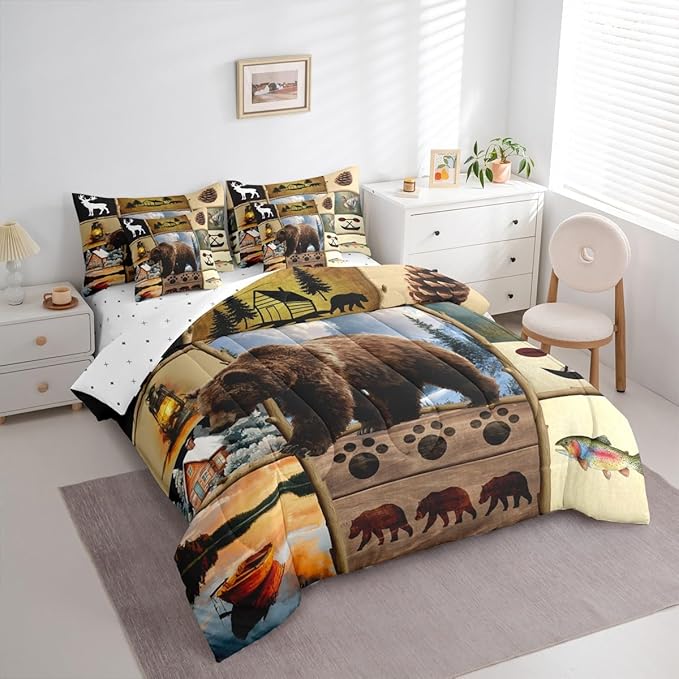 Feelyou Rustic Farmhouse Bear King Comforter Set with Sheets for Kids Boys Girls Hunting Wild Animal 7 Pieces Bedding Set Patchwork Cabin Lodge Bed in a Bag Room Decor Soft Microfiber