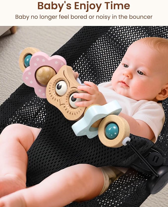 Baby Bouncer Toy Bar Wooden Compatible with Baby Bjorn Bouncer, Bouncer Toy Attachment, Tight and Secure Fit, So Fun to Watch, Touch and Spin for Babies All Ages (Wood Color Owl)