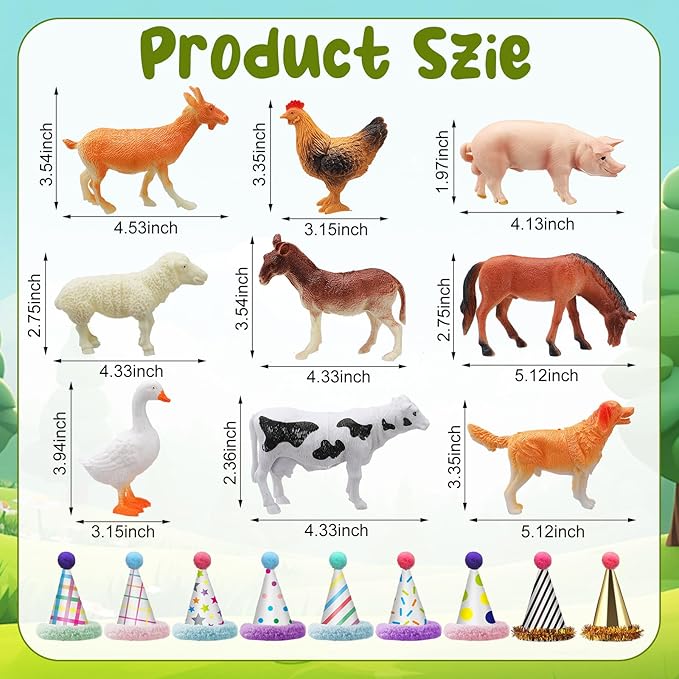 18 Pcs Farm Animal Birthday Party Decorations Mini Birthday Hat Animal Figure Model Cake Toppers with Mini Hat for Birthday Party, Animals Themed Party