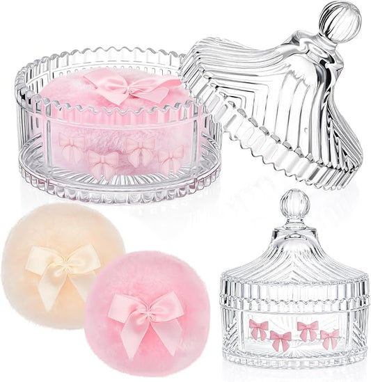 Tioncy 3 Pcs Large Body Powder Puff and Container Valentine's Day gift Powder Container with Puff Crystal Case Soft Washable Reusable Velour Face Body Glitter Wet Dry Makeup (Pink Bow,Clear)