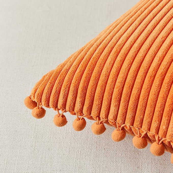 Fancy Homi Pack of 2 Fall Lumbar Decorative Throw Pillow Covers with Pom-poms, Soft Corduroy Solid Rectangle Cushion Cases for Couch Sofa Bed Living Room, Fall Home Decor (12x24 Inch/30x60 cm, Orange)