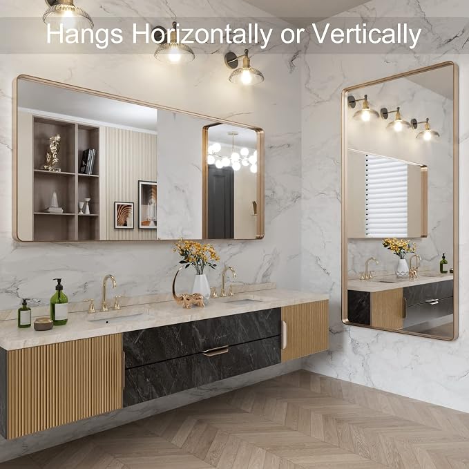 LOAAO 60”X28” Gold Bathroom Mirror, Rounded Rectangle Gold Frame Mirror, Brushed Gold Bathroom Vanity Mirror Wall-Mounted, Anti-Rust, Tempered Glass, Hangs Horizontally or Vertically | Rounded Rectangle, Brushed Gold Frame, Wall-Mounted, Anti-Rust, Tem...