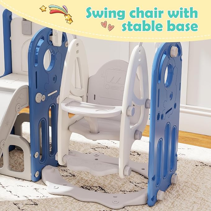 kinbor Toddler Swing and Slide Set - Indoor Outdoor Baby Slide for Toddlers 1-3, Toddler Playground with Basketball Hoop & Storage – Safe, Sturdy Kids Indoor Outdoor Playset, Blue