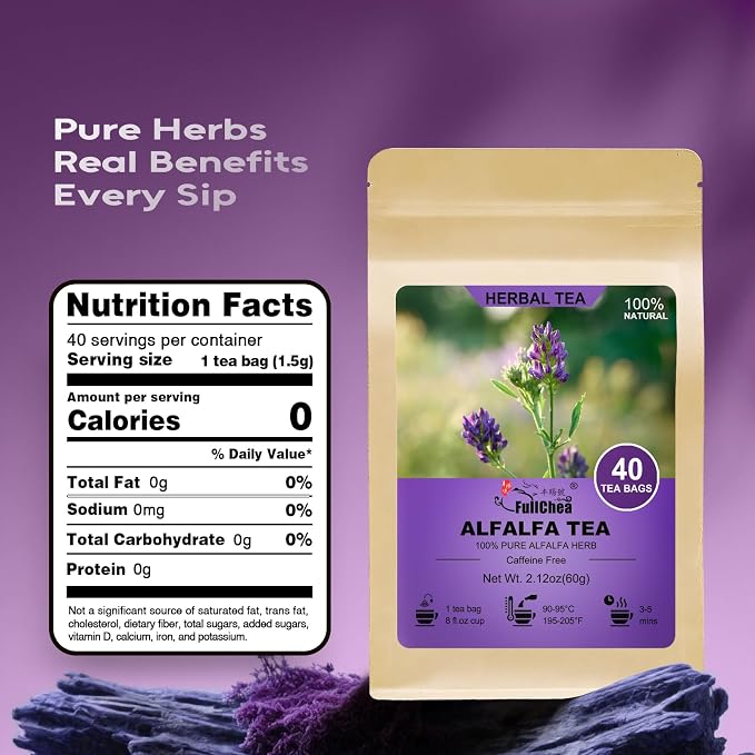 FullChea - Alfalfa Tea Bags, 40 Count, Dried Medicago Sativa Herb | Premium alfalfa herbal tea, non-GMO, caffeine-free, a gentle nourishing daily wellness ritual