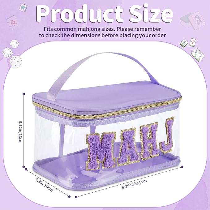 Handheld Mahjong Tile Bag, PVC Clear Mahjong Bag for 166 American Mahjong Tiles, Waterproof Mah Jong Case with Zipper & Lettters for Game Lover Gift Travel, Case Only(Purple)
