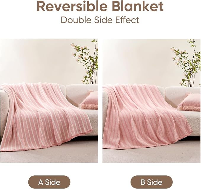 Snuggle Sac Ultra Soft Throw Blanket, Pink, 50"x60" | Reversible, Cozy Knitted Ribbed, Fuzzy Knit Striped, For Couch, Sofa, Bed, Home Decor