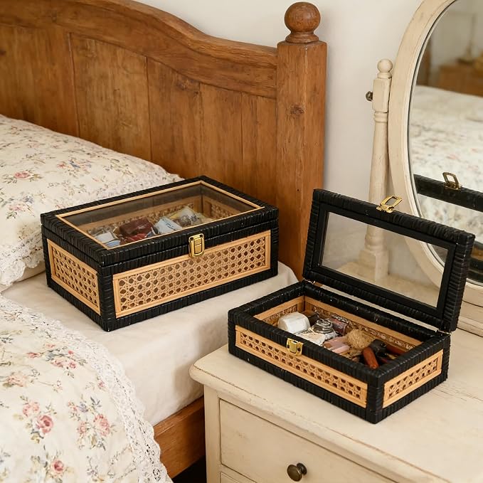 Black Rattan Decorative Storage Boxes with Glass Lids – Set of 2 Ribbed Wood Display Cases with Cane Weave & Solid Base – Nesting Coffee Table Organizer for Boho Chic Home Decor, Keepsakes