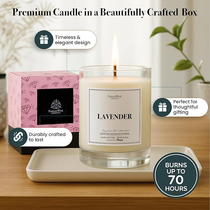 Lavender & Magnolia Surprise Candle with Diamond Inside | Foreverwick Candles | Scented Soy Candles Gifts for Women Aromatherapy Candle Wax | Romance Candles All-Natural Organic Soy Candle 14oz | 70h