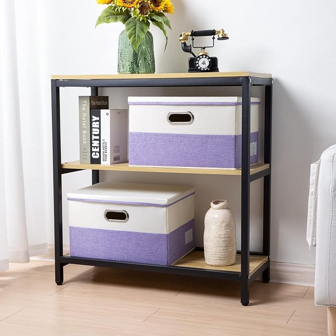 Large Foldable Storage Bins with Lids [3-Pack] linen Fabric Decorative Storage Boxes Organizer Containers Baskets Cube with Handles Divider for Bedroom Closet Purple&Cream(17.7x11.8x11.8)