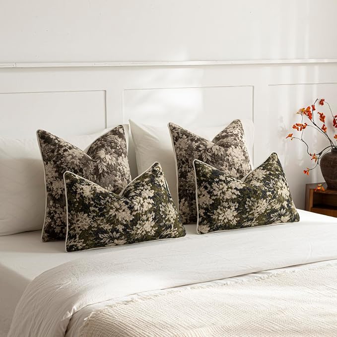 Pack of 2 Vintage Floral Pillow Covers 12x20 Boho Farmhouse Accents Chenille Rectangular Lumbar Decorative Throw Pillow Cases for Living Room Couch Bed Home Decor, Olive Green