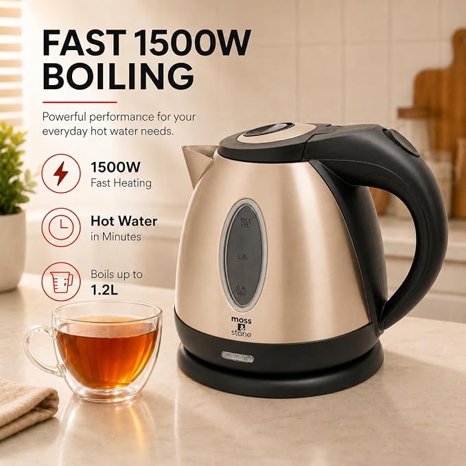Moss & Stone 1.2L Stainless Steel Small Electric Kettle, Cordless 1500w Fast Boiling Pot, Portable Hot Water Electric Tea Kettle With Boil Dry Protection & Auto Shut-Off (Champagne)