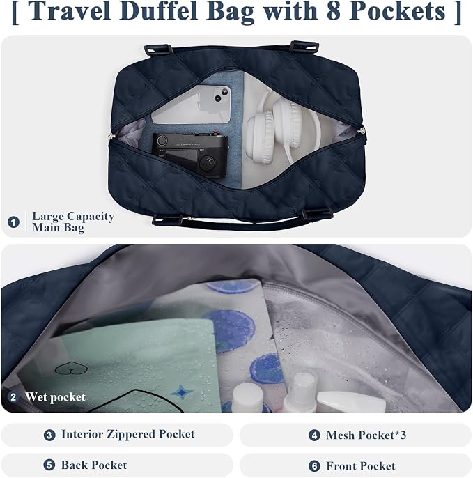 Travel Duffel Bag, Carry On Overnight Weekender Bags for Women | Travel Bag with Wet Pocket & Trolley Sleeve, For Spirit Airlines 18x14x8 Personal Item Bag