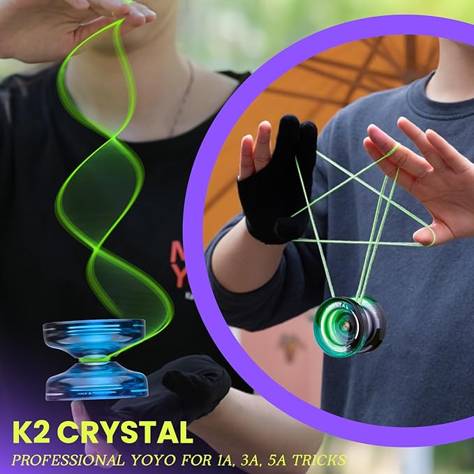 MAGICYOYO K2 Crystal Yoyo Pack of 2, Dual Purpose Responsive & Unresponsive Yoyo for Kids 8-12, Plastic Professional Yo Yo for Adults, Complete yo-yo Accessories Included (Black Green+Black Blue)