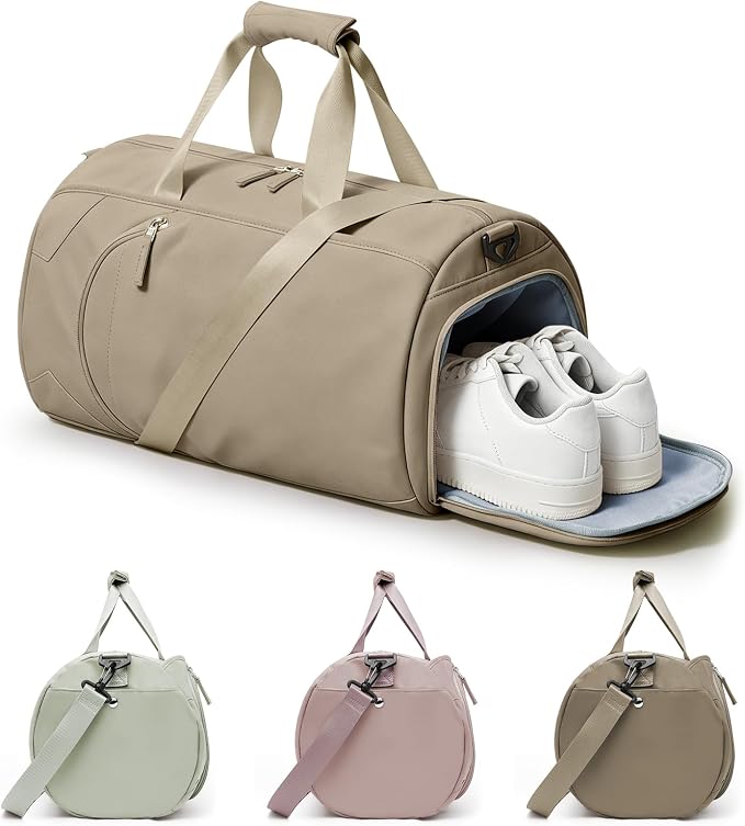 Gym Bag for Women And Mens with Shoe Compartment, Large Duffle Bag with Wet Pocket Carry-on Gym Duffle Bag for Travel and Sports Weekender Overnight Workout Bag Brown