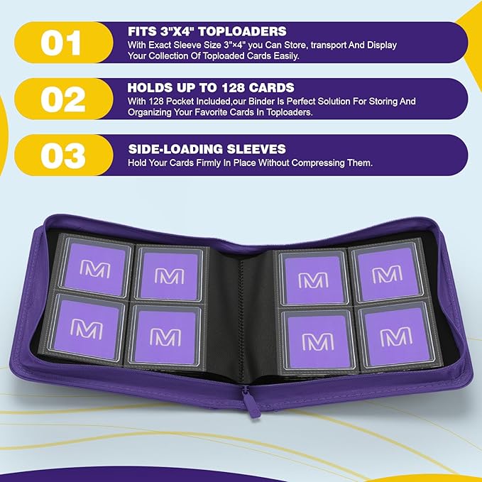 Toploader Binder,4-Pocket Side Load Trading Card Album, Holds 128 Cards with Double-Sided Pockets for MTG, Sports Cards, Top Loader Storage