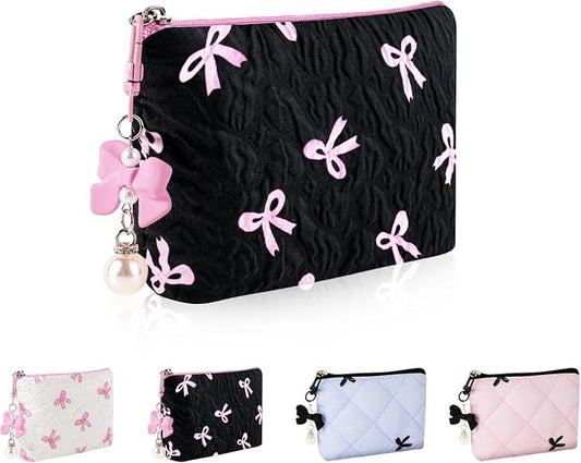 Mini Makeup Bag, Small Bow Tie Cosmetic Bag for Purse with Keychain, Portable XS Travel Makeup Pouch for Daily Use (Black)