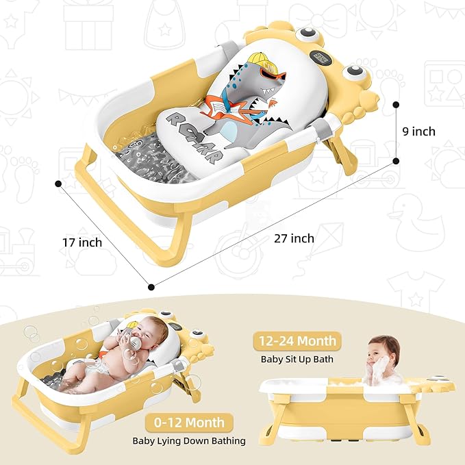 Collapsible Baby Bathtub for Newborns to Toddler with Real-time Temp Monitor & Floating Cushion,Portable Travel Tub Foldable Baby Bath Tub for Infants (Yellow)
