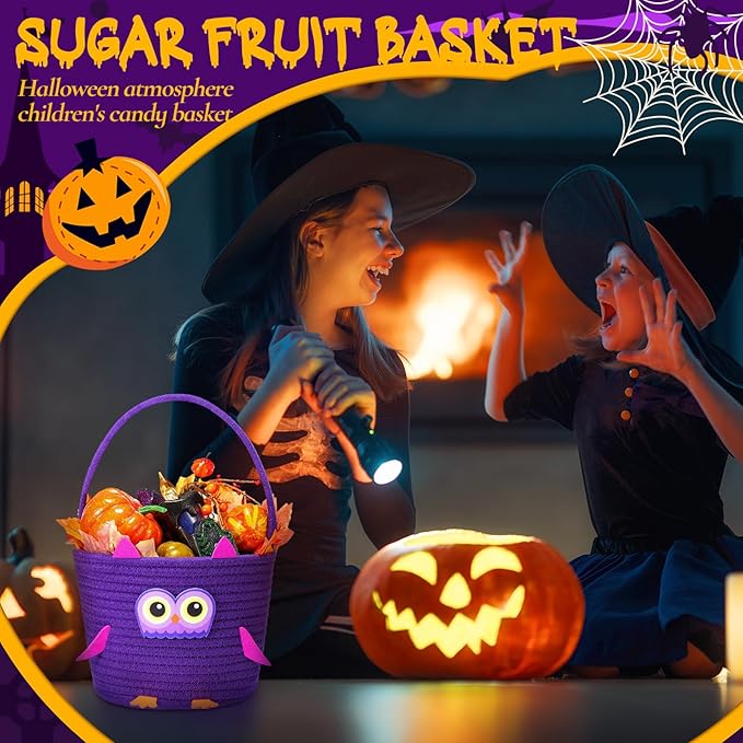 Halloween Basket with Handle Cute Bucket Cotton Rope Woven Candy Server Bag Pumpkin Witch Cat Pig Storage Basket for Halloween Party Favor(Owl,Purple,1 Pack)