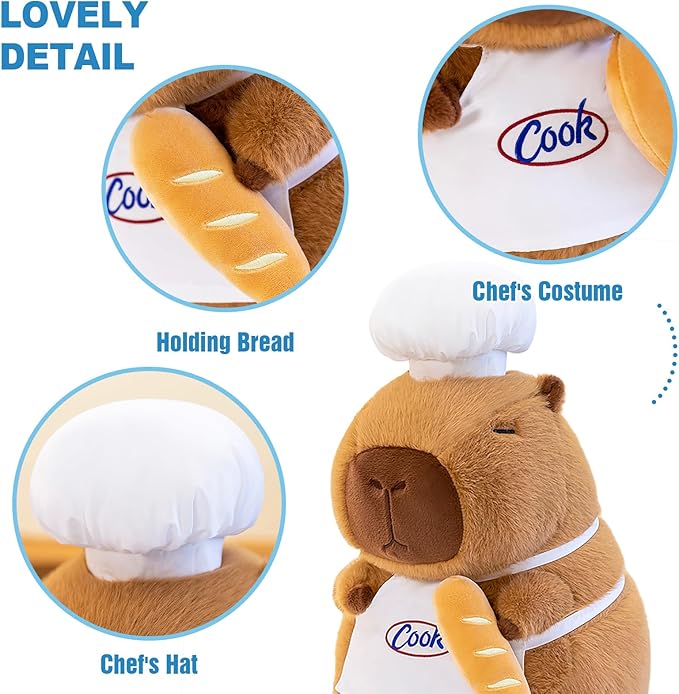 Ditucu Cute Capybara Plush with Cooking Chef Hat 9 inch French Baguette Bread Capibara Stuffed Animal Soft Plushies Toys Gifts for Kids Brown