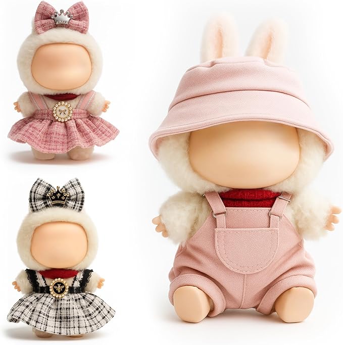(3-Pack) 17cm Doll Clothes Set, Black Plaid Outfit & Pink Plaid Dress Set with Bow Clip and Metallic Details, Light Pink Fisherman Hat & Suspender Skirt for 17cm Doll, Cute Clothing